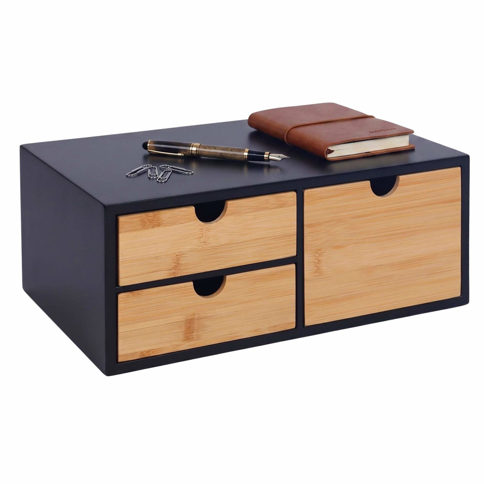 Lav bambusskuffeboks med 3 skuffer, 13.5 x 33 x 21 cm, svart