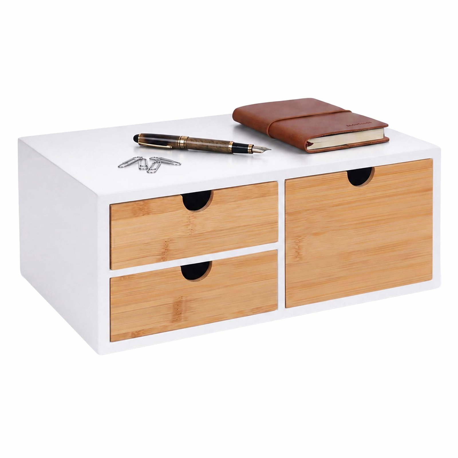 Lav bambusskuffeboks med 3 skuffer, 13.5 x 33 x 21 cm, hvit