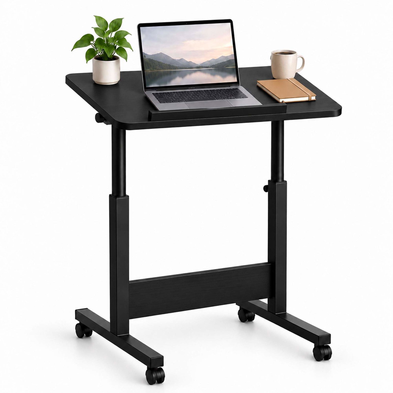 Mobilt laptopbord på hjul, sitte-ståhøyde 67-90 cm – svart, vippebar topp