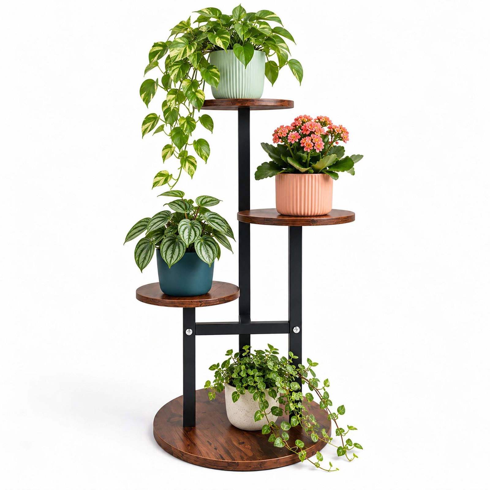 Plantestativ med 4 runde hyller, 53 cm – Industriell, Mørkebrun
