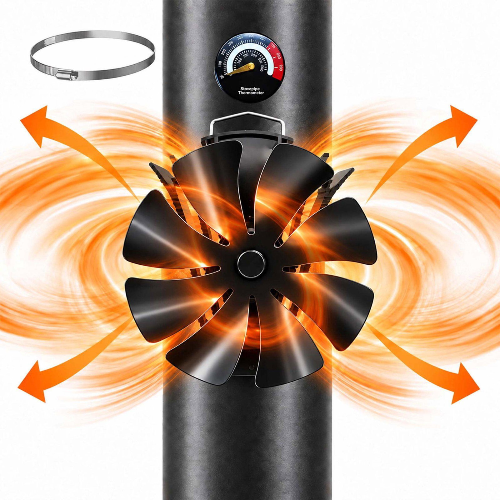 3-i-1 magnetisk peisvifte for komfyrrør, termometer, slangeklemme, svart