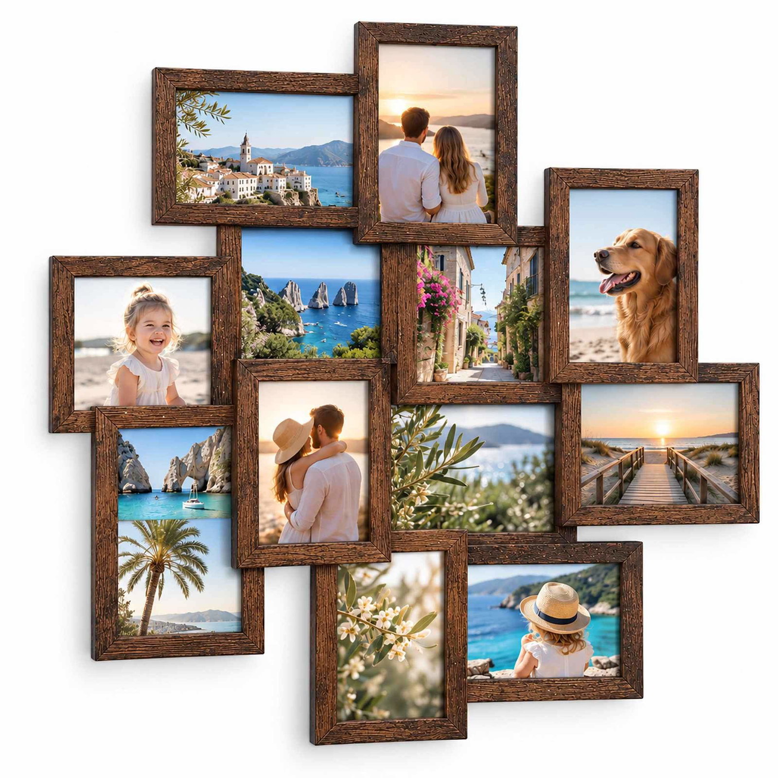 Fotokollasjeramme med 12 rammer for 10 x 15 cm bilder, brun