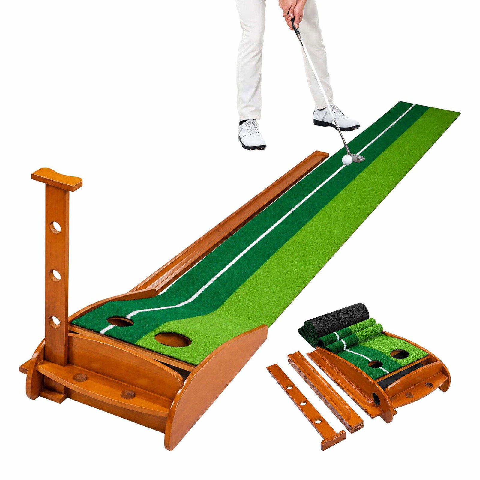 Puttingmatte med automatisk ballretur, 300 cm – fururamme, 2 hull