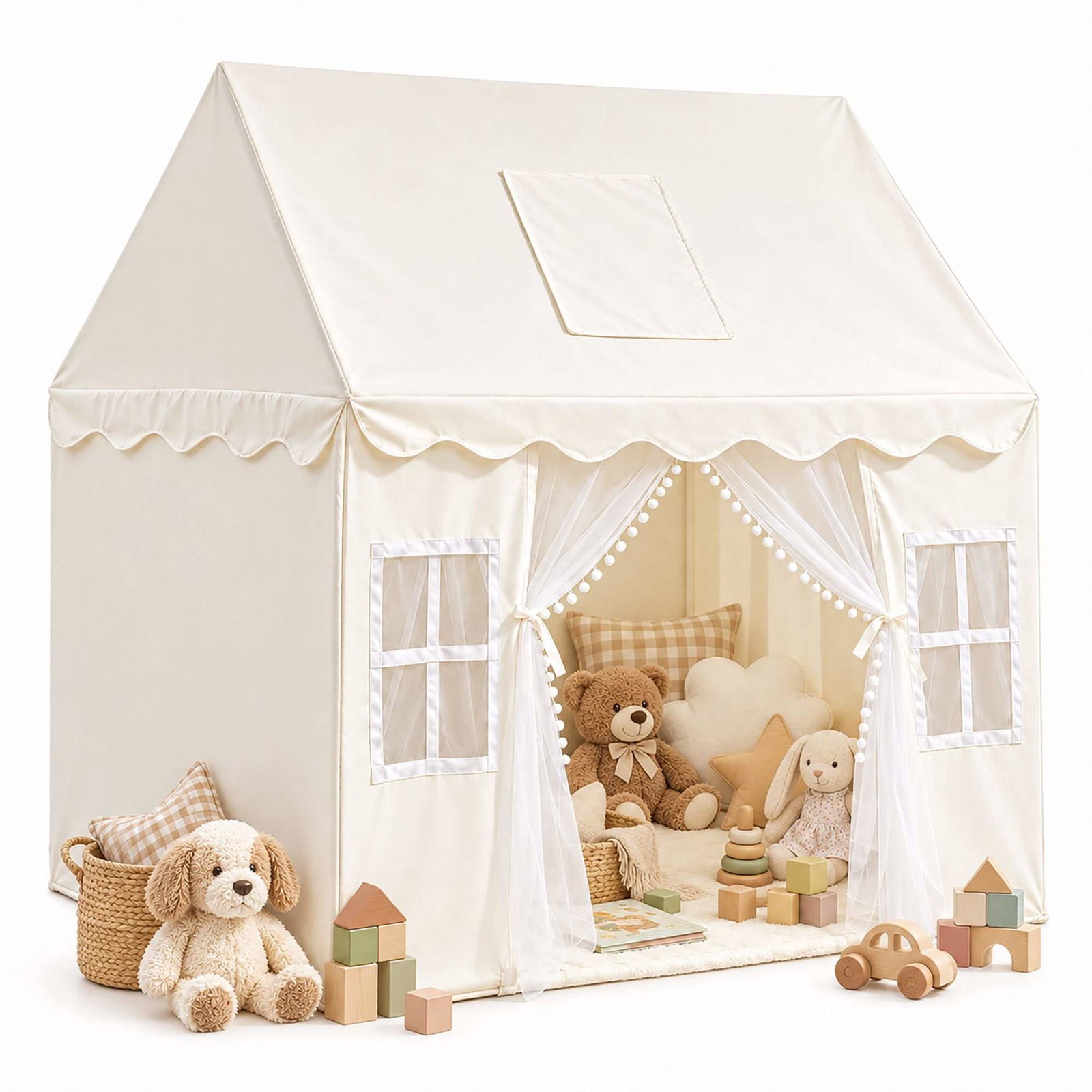 Barneleketelt med vimpel, gardin og vinduer, vaskbart trekk, beige