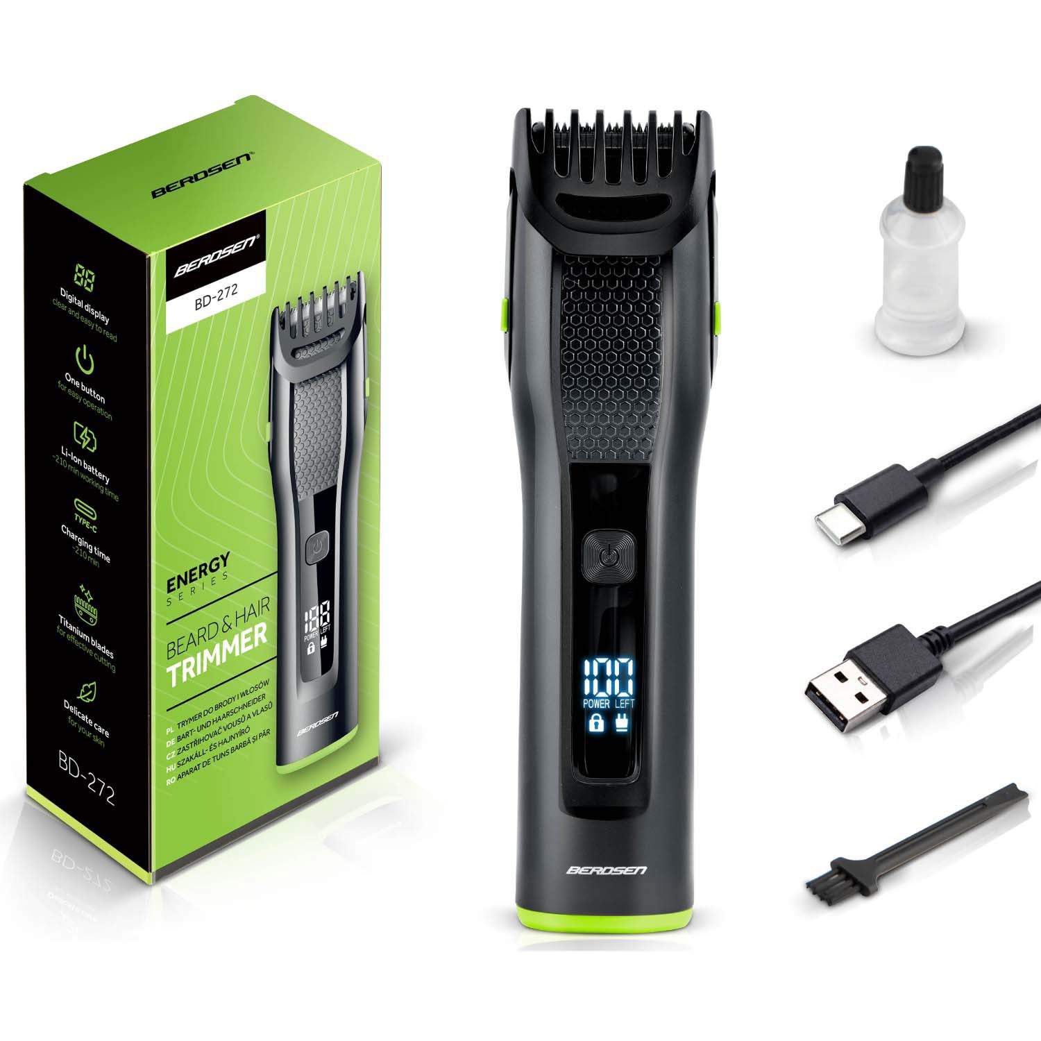 Hår-, skjegg- og kroppstrimmer med titanblad, 210 minutters driftstid, USB-C