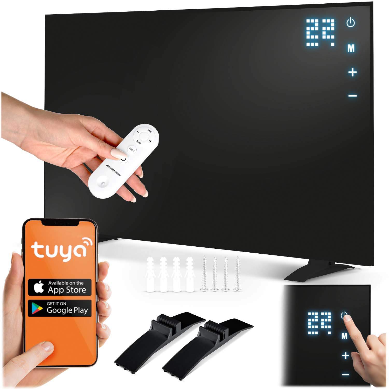 Smart infrarødt varmepanel 600 W med app og fjernkontroll, 16–37 °C, svart
