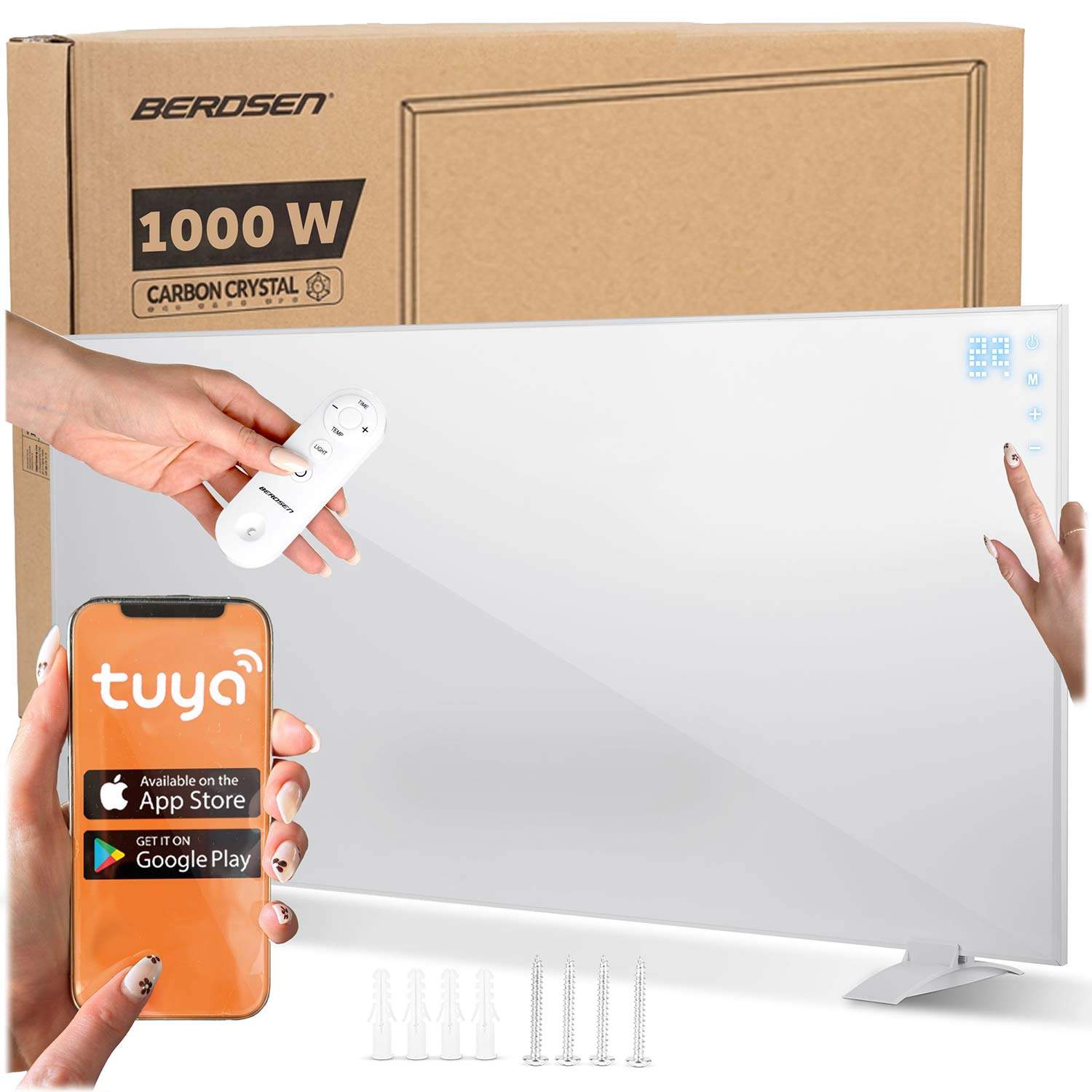 Smart infrarødt varmepanel 1000 W med Wi-Fi, hvit, berøringspanel, timer