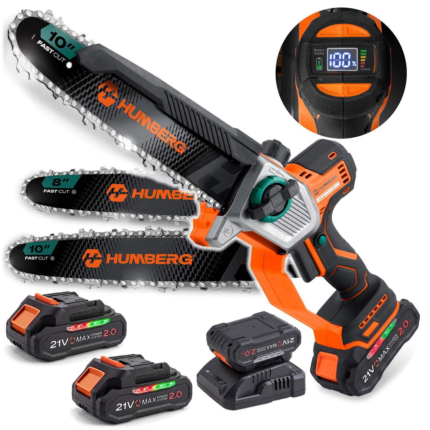 Børsteløs batteridrevet motorsag 850 W med 25.4 cm og 20.3 cm sverd, 2 batterier
