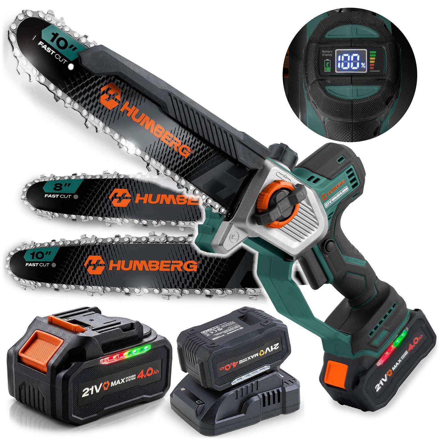 Børsteløs batteridrevet motorsag 850 W med 25.4 cm og 20.3 cm sverd