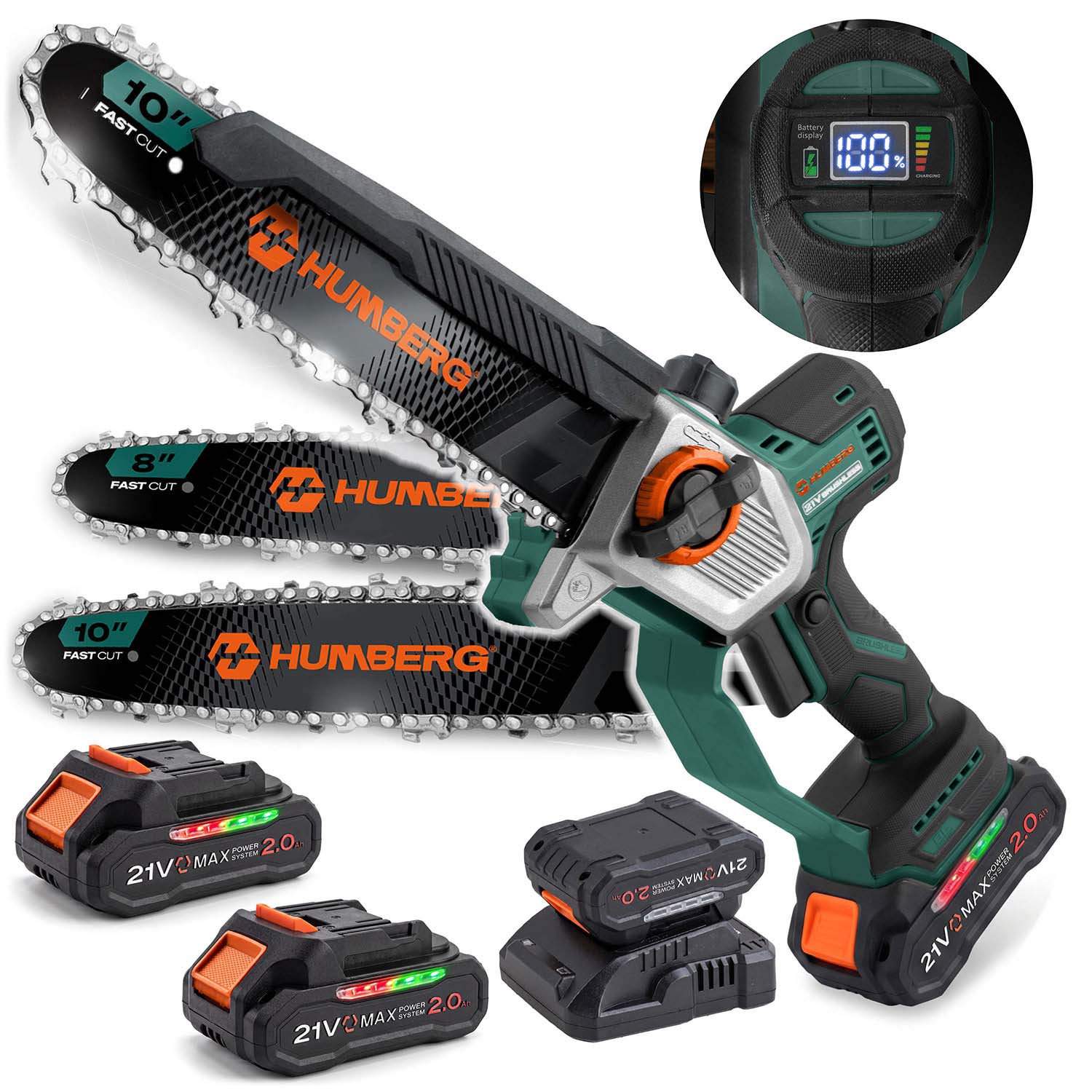 Børsteløs batteridrevet motorsag 850 W med 25.4 cm og 20.3 cm sverd, 2 batterier