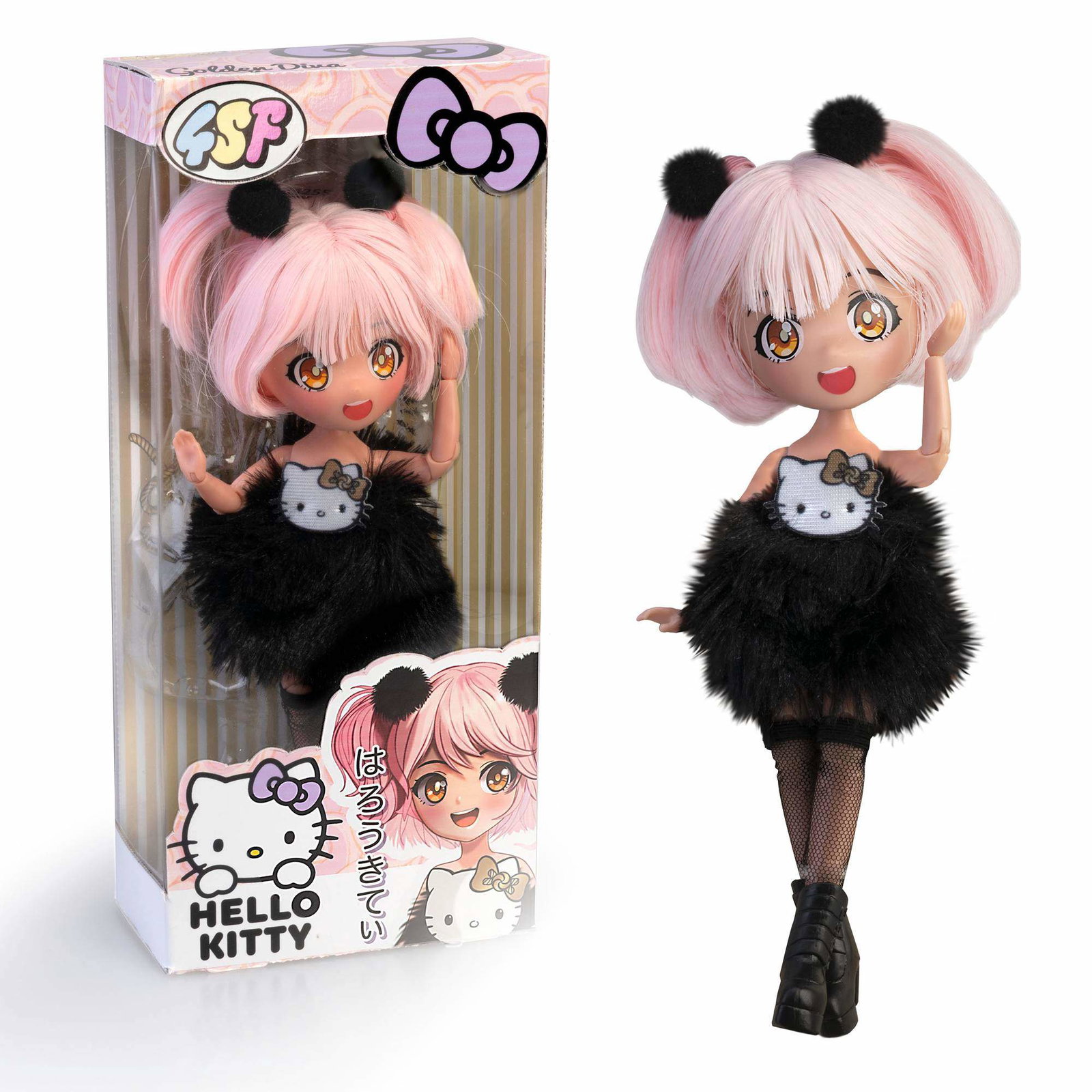 Hello Kitty Manga-dukke Golden Diva i svart fluffy kjole