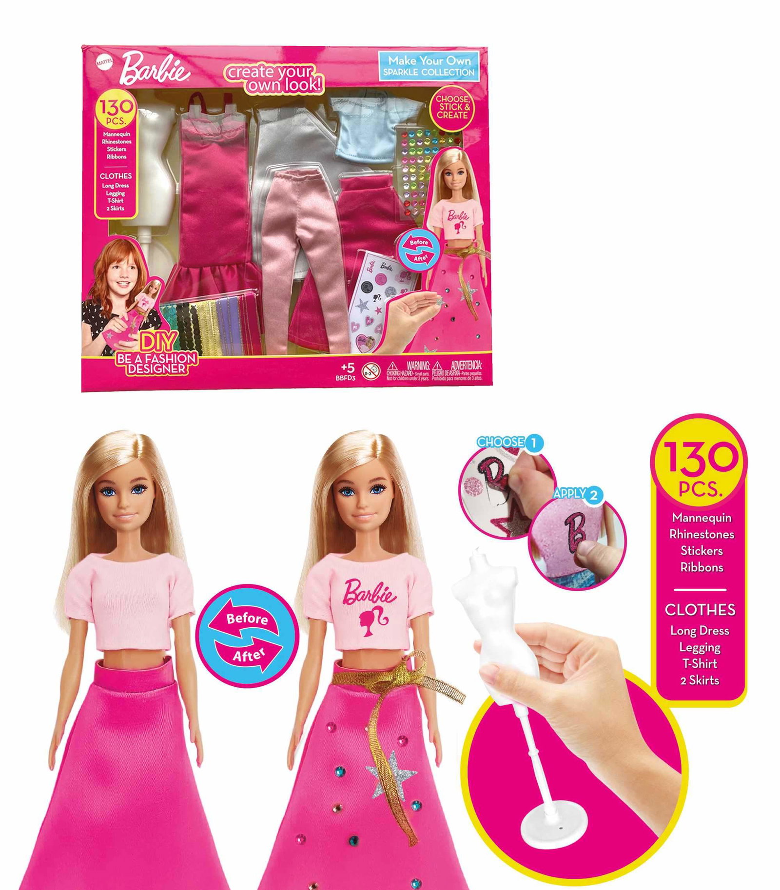Barbie Sparkle Collection DIY-motesett med utstillingsdukke, 130 deler