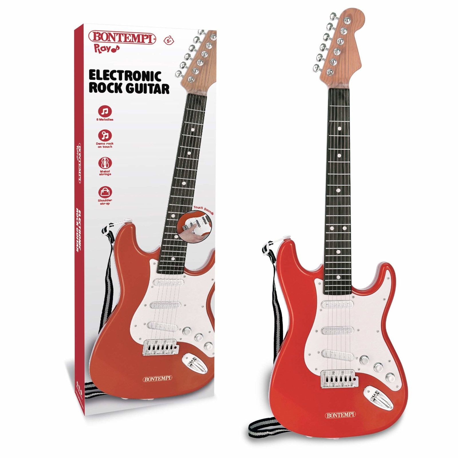 Bontempi elektronisk rockgitar med skulderstropp, lys rød
