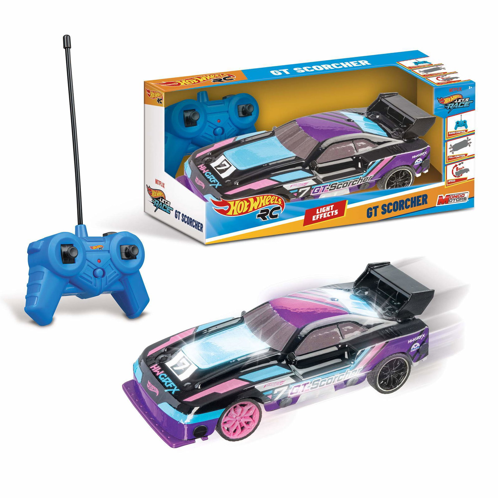 Hot Wheels GT Scorcher fjernstyrt racerbil 1:24, lyseffekter, fra 3 år