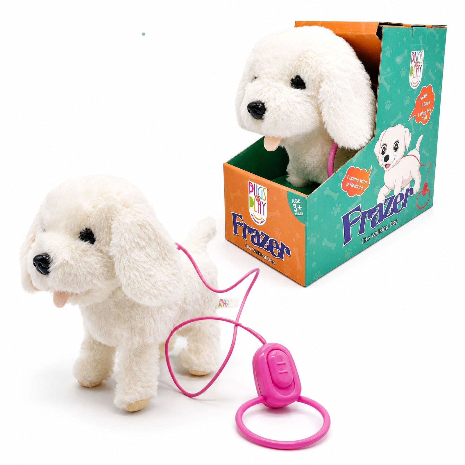 Mops på lek Frazer walking valp med fjernkontrollbånd, hvit