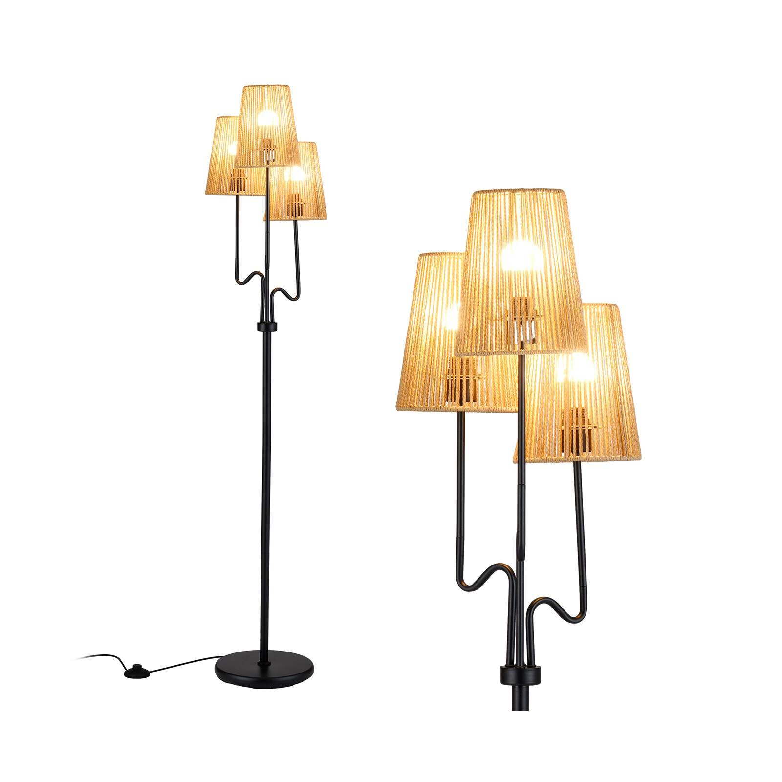 Boho gulvlampe med 3 skjermer i vevd papir, 175 cm, svart metallfot