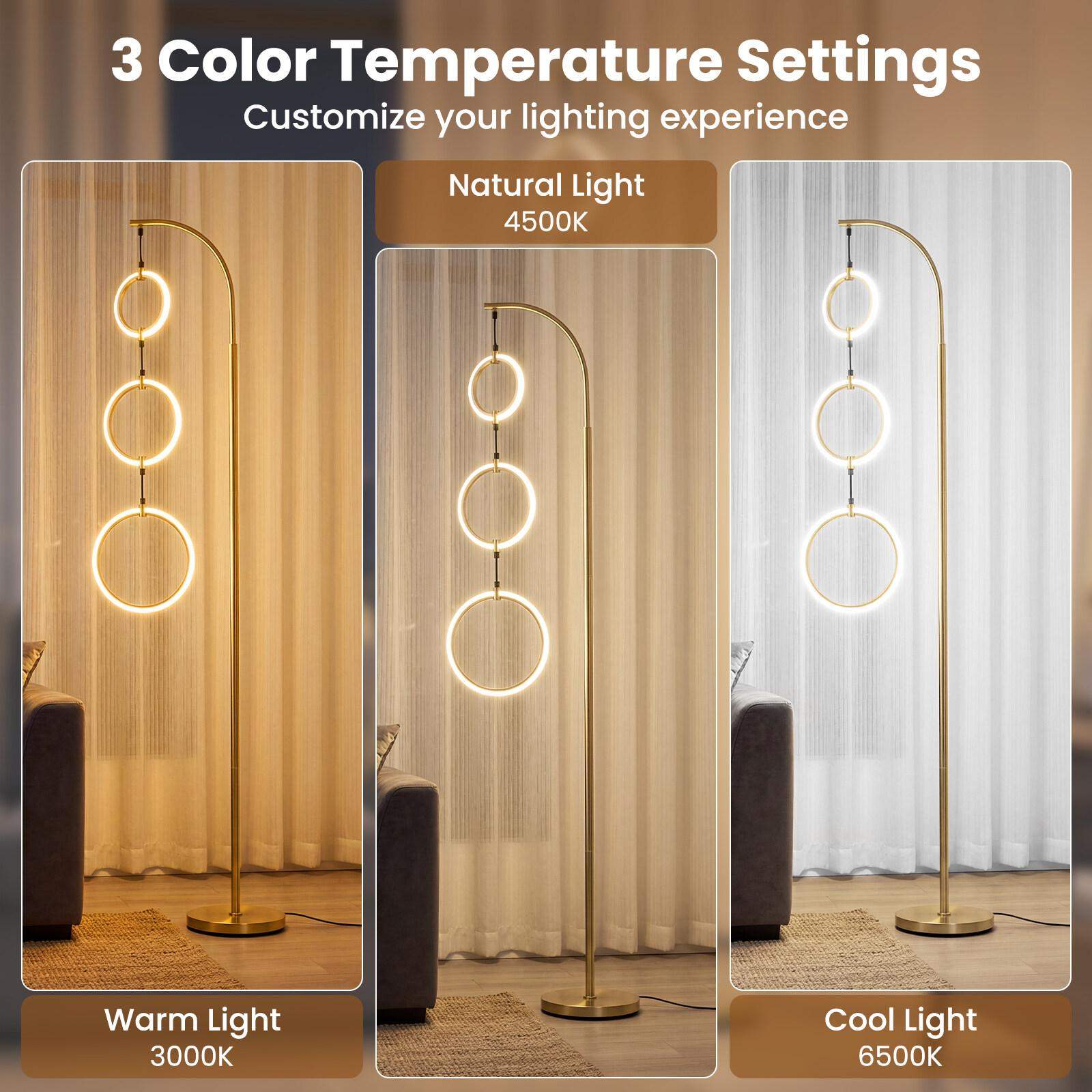 Gullfarget gulvlampe med 3 LED-ringer, dimbar med fotbryter, 3 fargemoduser