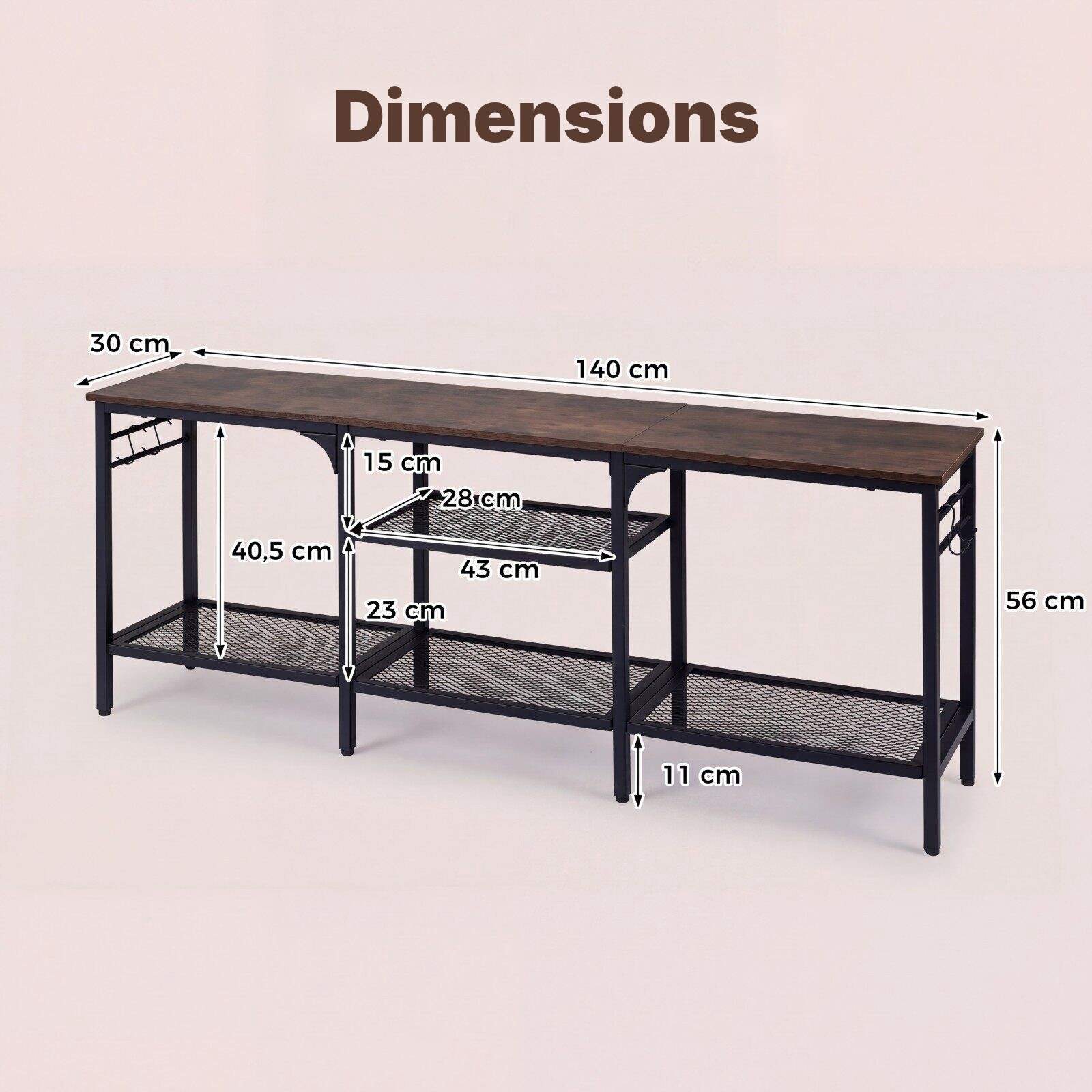 Industriell mediekonsoll 140 cm med nettinghyller, rustikk brun, maks 310 kg