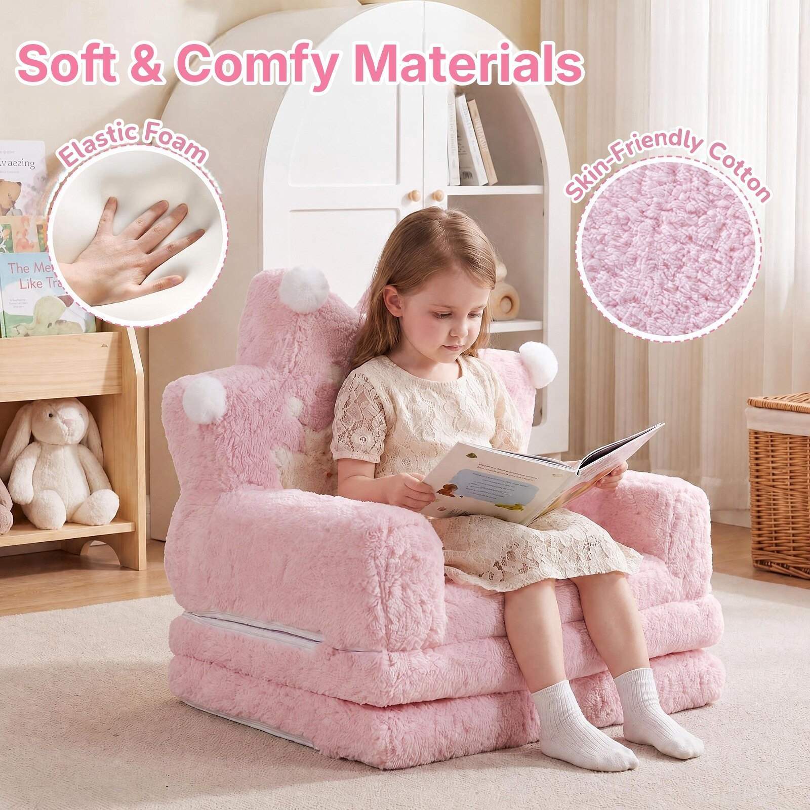 Utfellbar sovesofa for småbarn med avtakbart glidelåstrekk, rosa, kronedesign