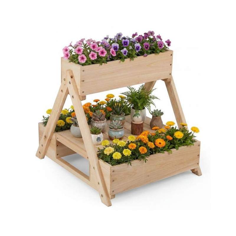 Hevet hagebed med 3 blomsterkasser av grantre, oppbevaringshylle, naturlig