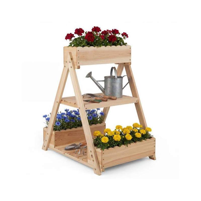 Hevet hagebed med 3 blomsterkasser, A-ramme plantestativ, naturlig grantre