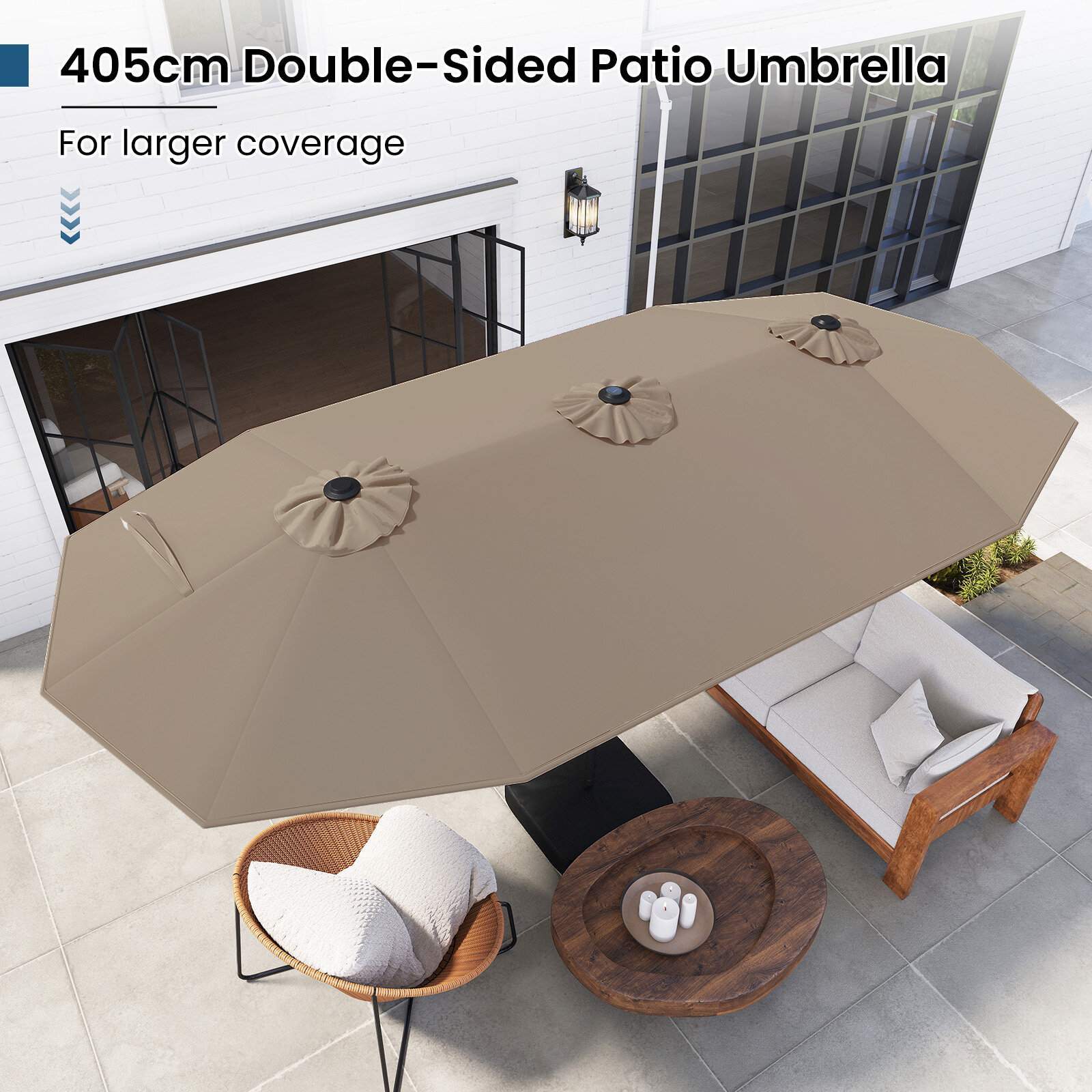 Stor dobbel parasoll 4 x 2 m med solcelledrevne LED-lys, ventiler, sveiv