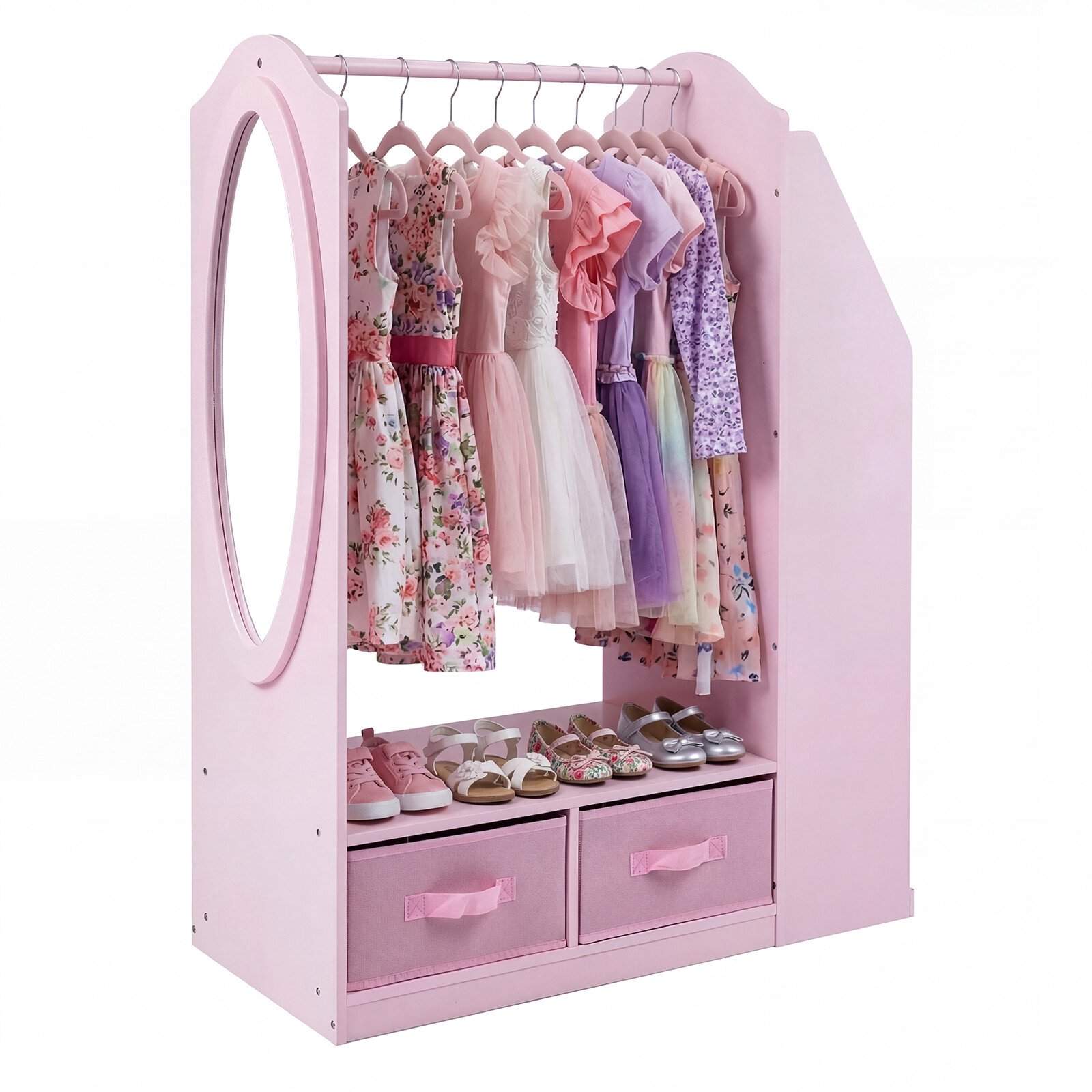 Barnegarderobe med akrylspeil og stoffskuffer, rosa