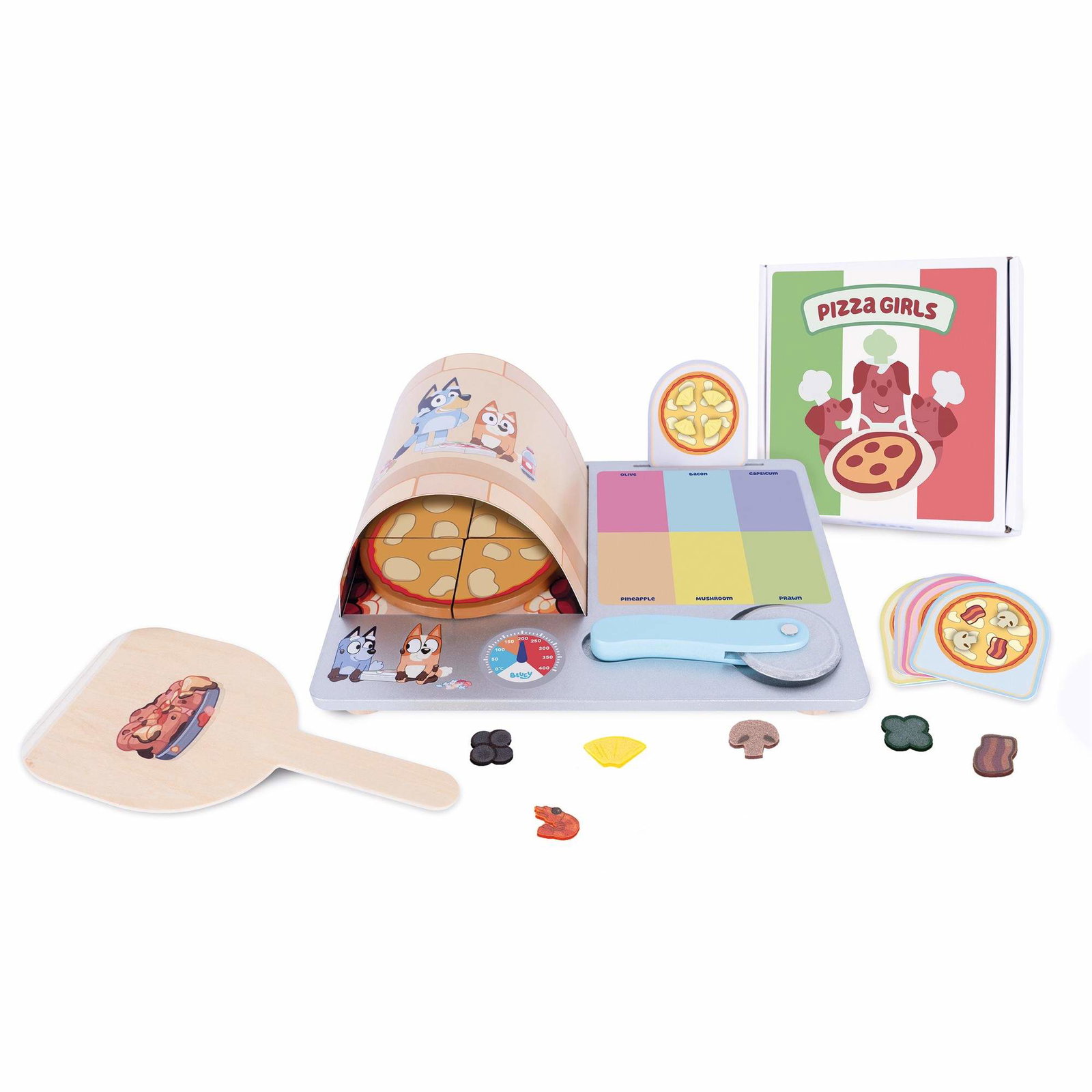 Bluey trepizzasett med pizzaovn, 35 deler, 6 bestillingskort