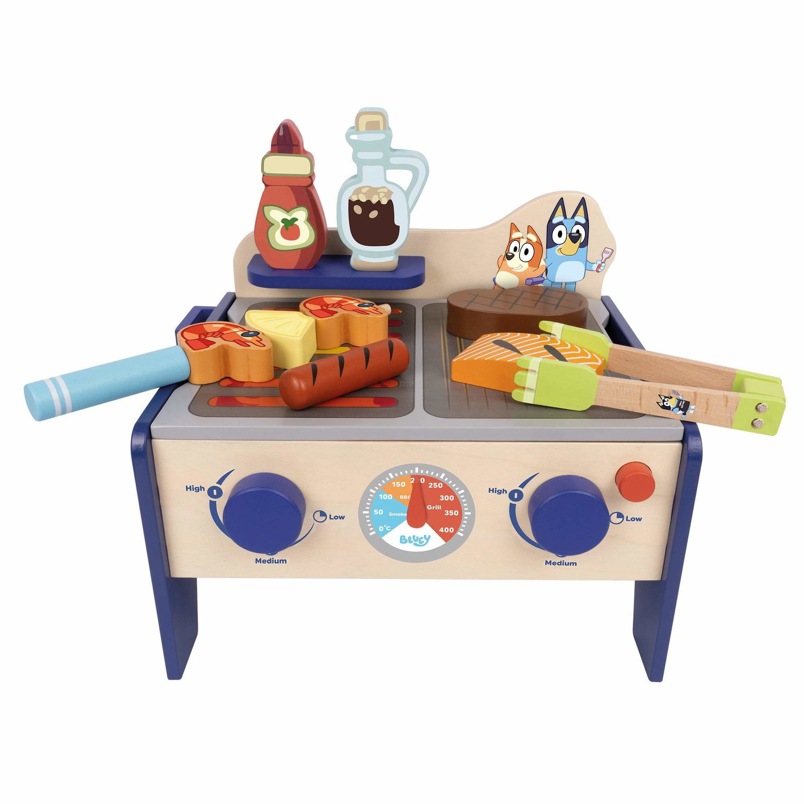 Bluey tregrill med bordplate og salatsett, 34 deler, 6 oppskriftskort