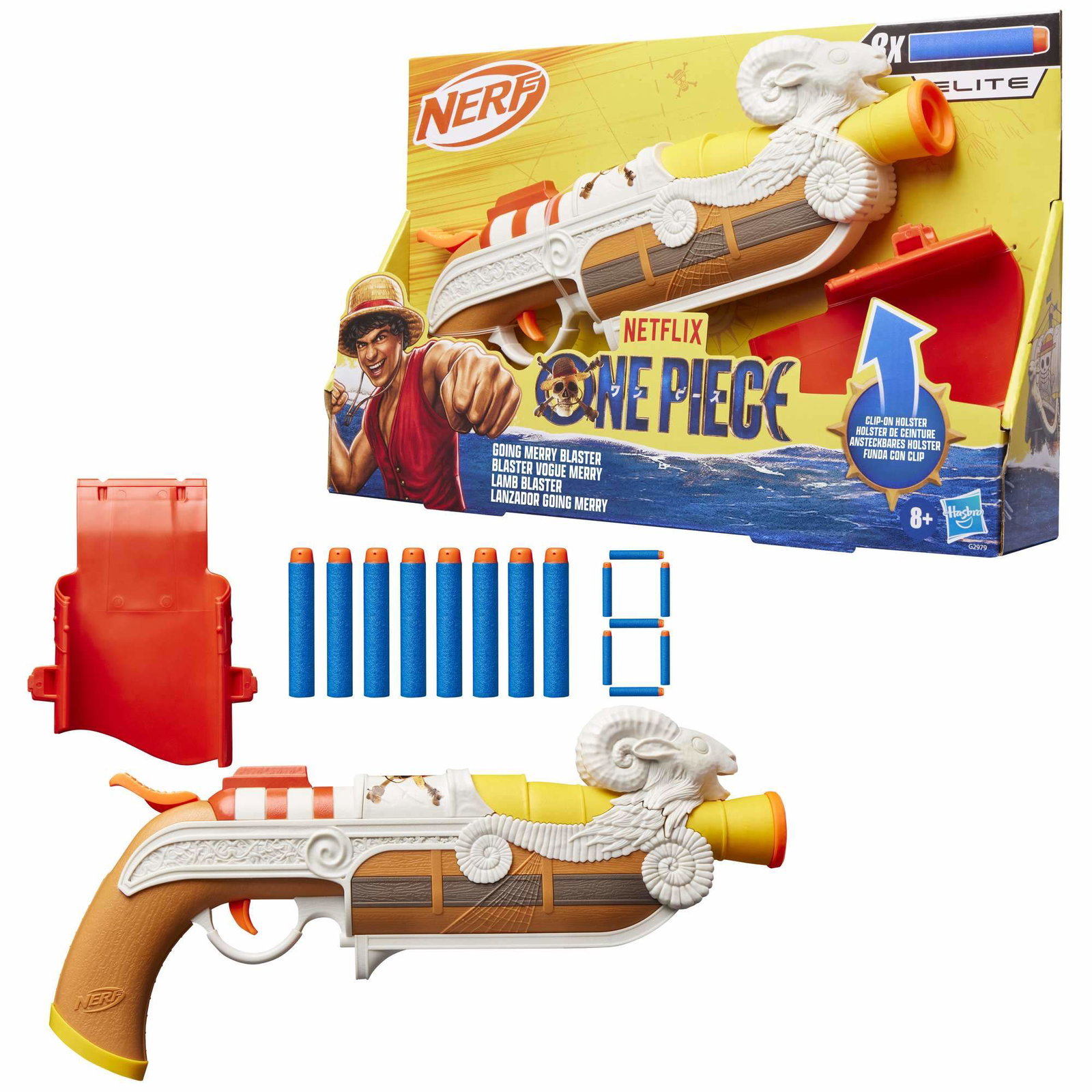 Nerf One Piece Going Merry Blaster med klipshylster, 8 Elite-piler