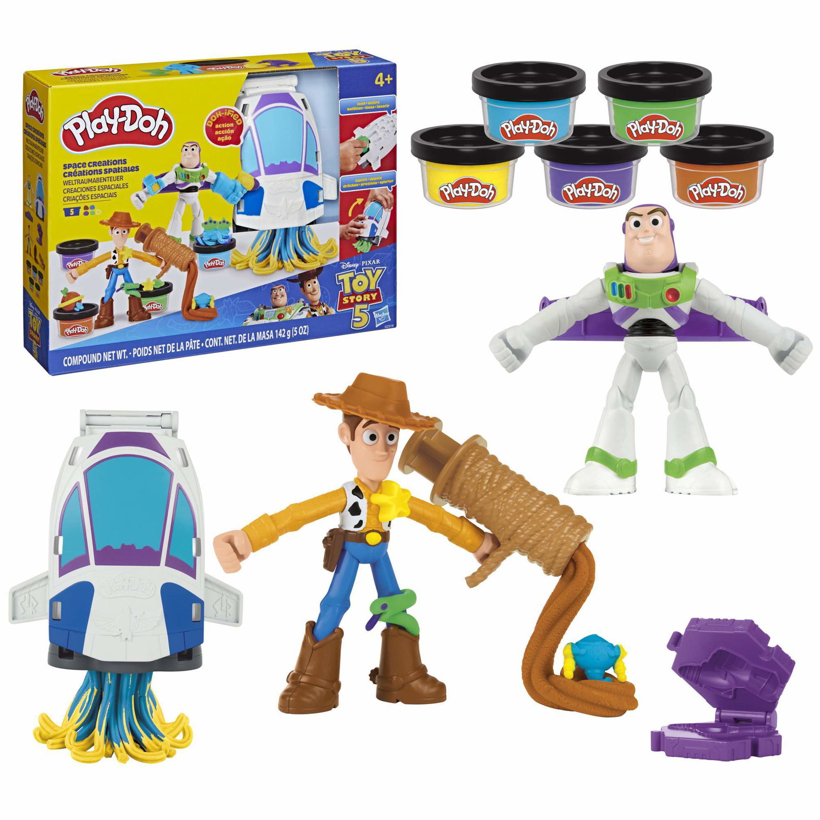 Play-Doh Toy Story romkreasjoner sett med rakettskip, Woody, Buzz Lightyear