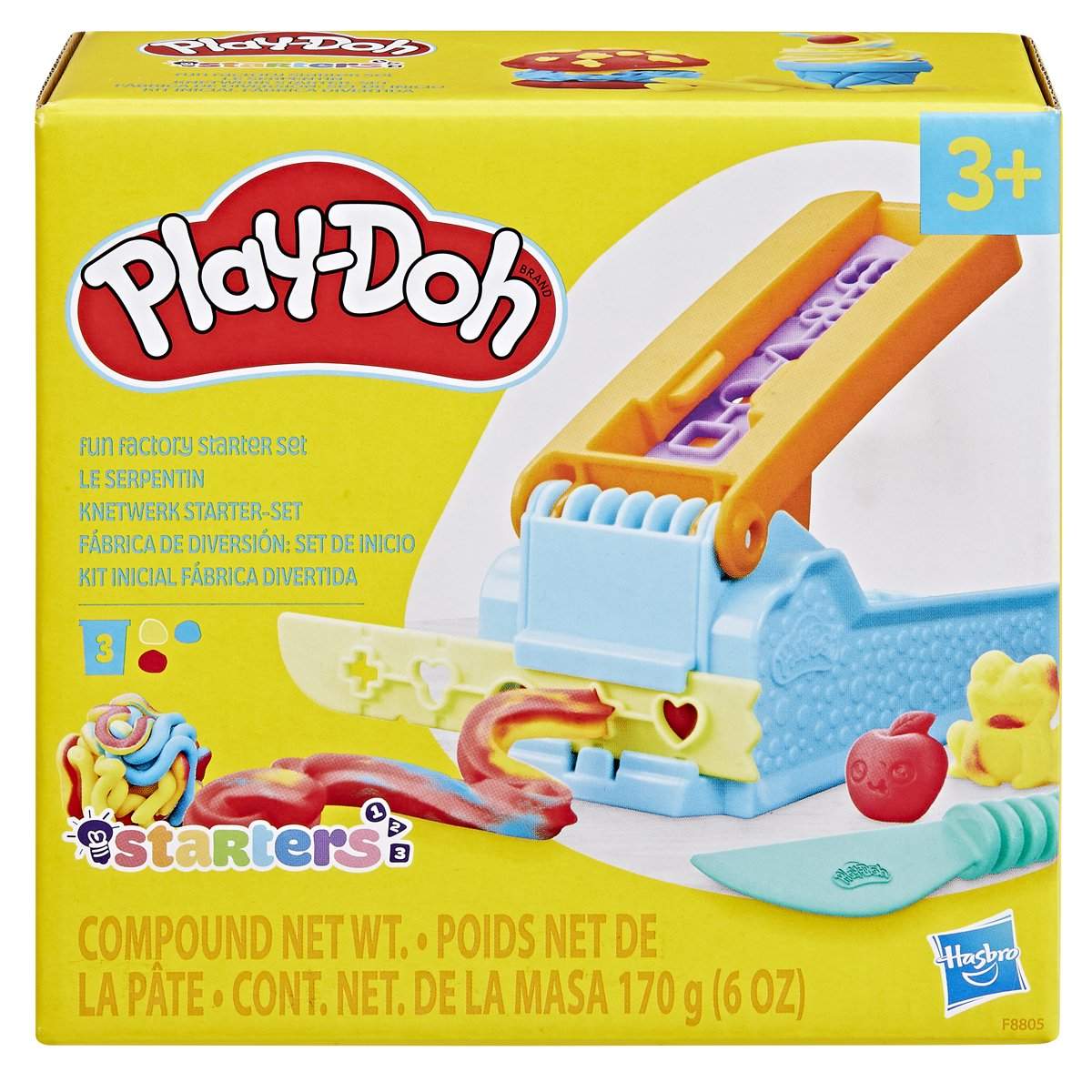 Play-Doh Fun Factory startsett med 10 former og 3 bokser, 56 g hver