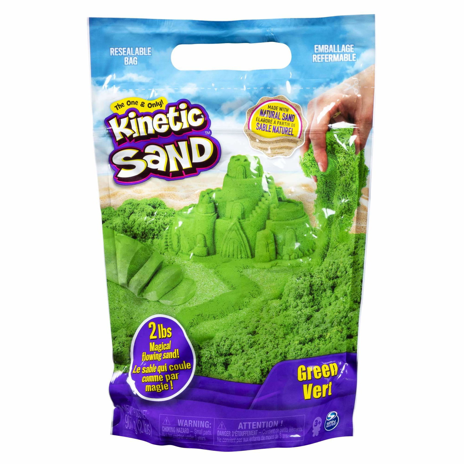 Kinetic Sand fargepose grønn 0.91 kg, gjenlukkbar oppbevaringspose