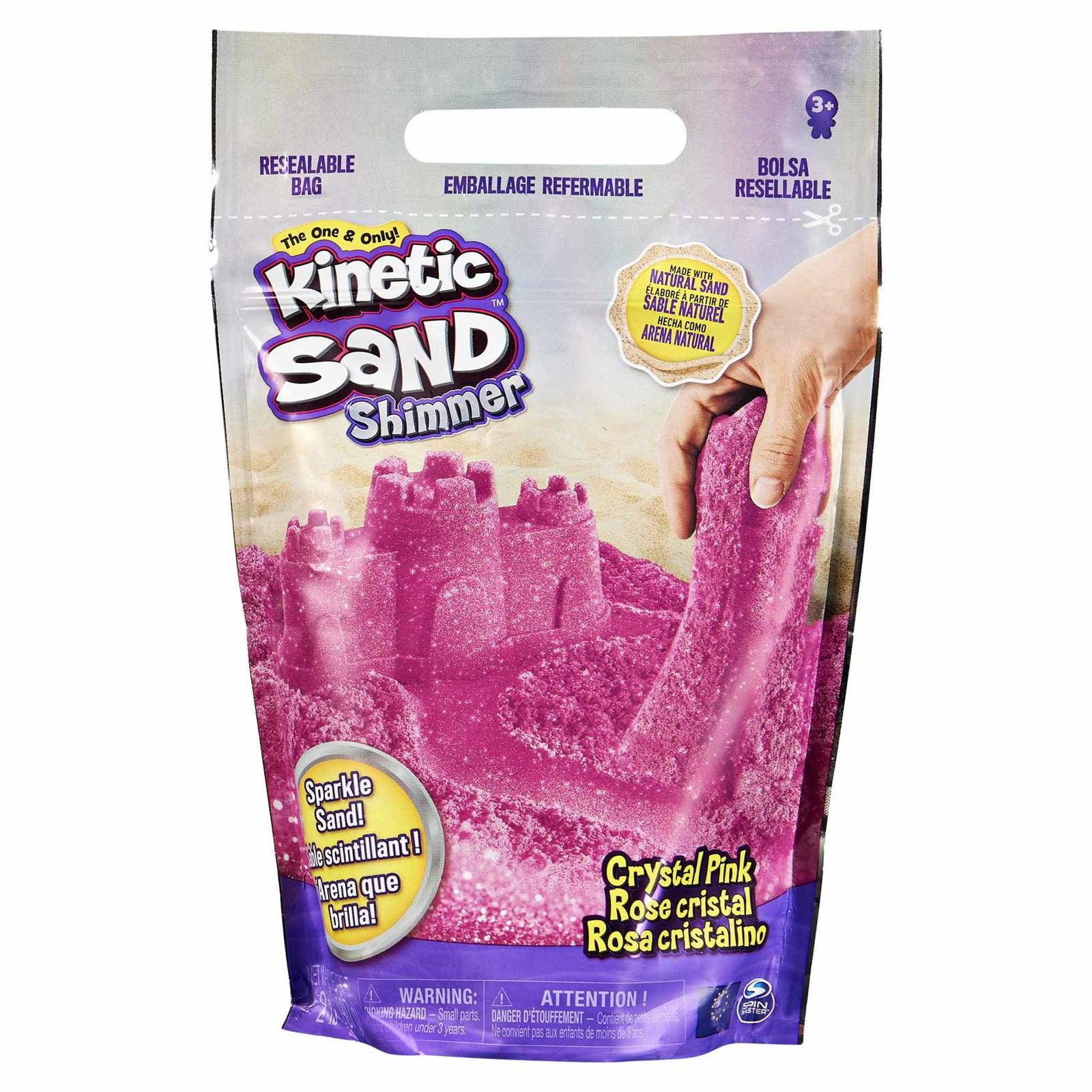 Kinetic Sand Shimmer Glitter Play Sand 907 g, Krystallrosa, Gjenlukkbar pose
