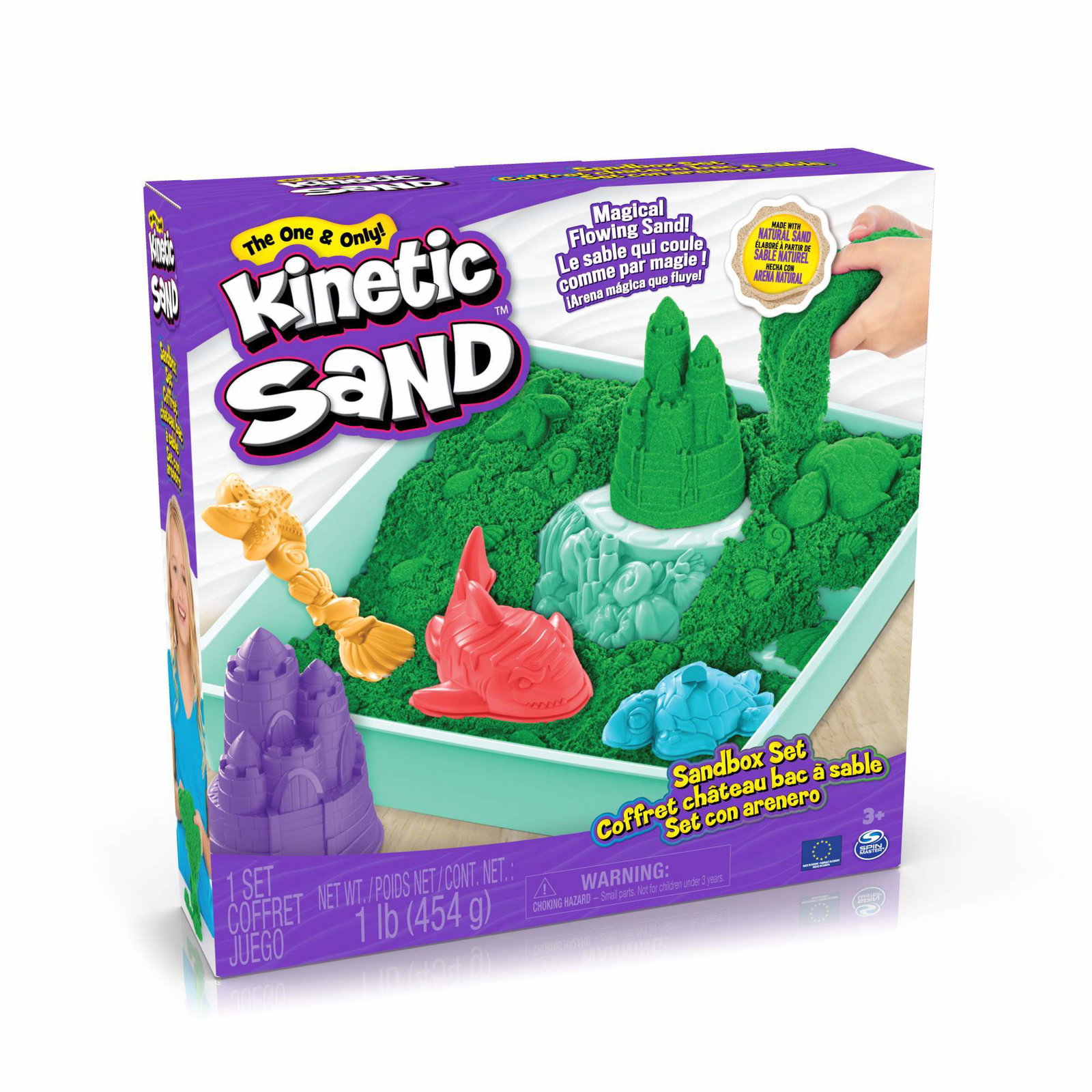 Kinetic Sand sandkassesett med 454 g grønn sand, brett og spadeverktøy
