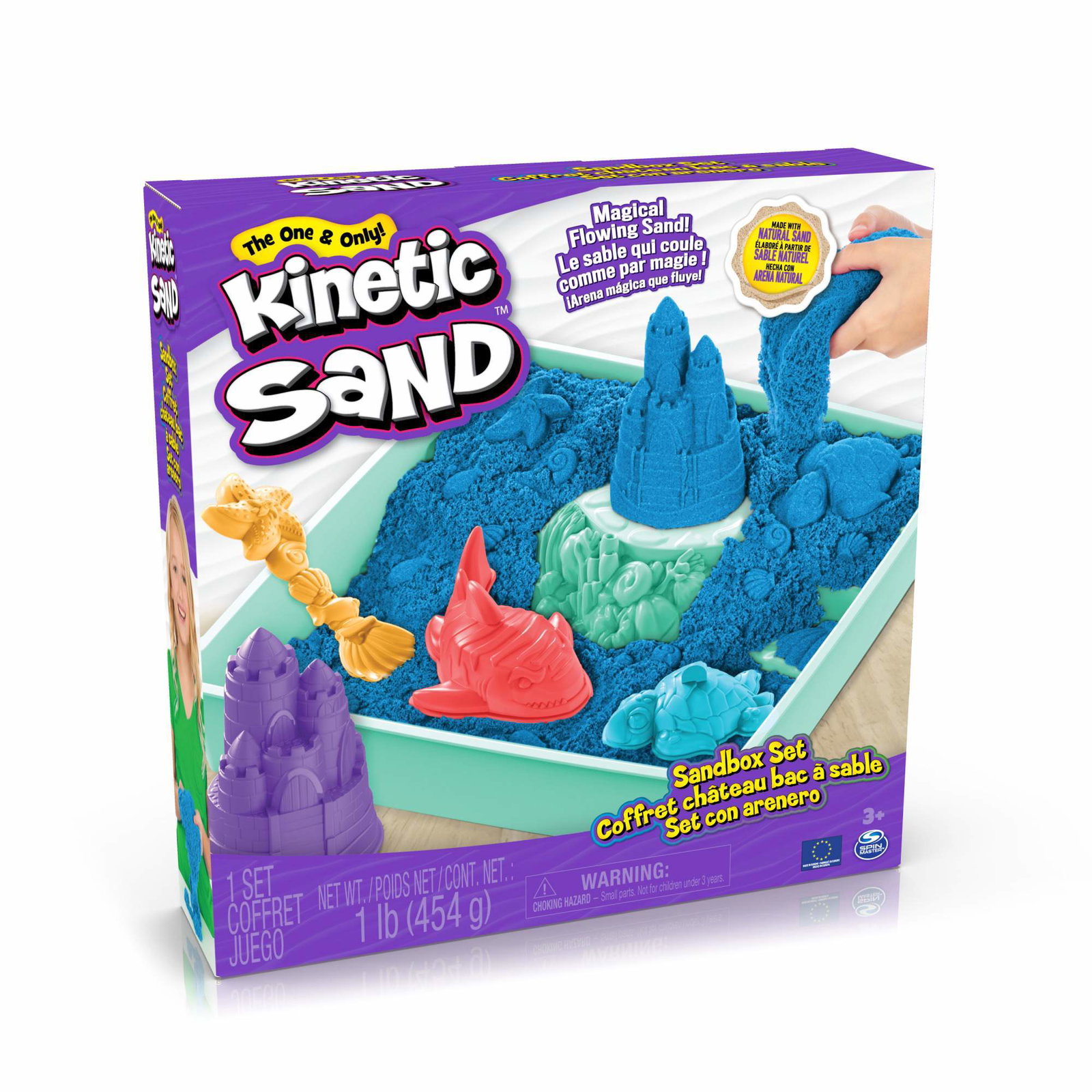Kinetic Sand sandkassesett med 454 g blå sand, to-etasjes brett, spade